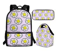 Buxolandt Creative Smiley Daisy Print Kids Backpack Set with Lunch Bag & Pencil Pouch, Lightweight 17.3 Inch Large Capacity Backpack, Tote Lunch Box with Handle Tote for School & Outdoor