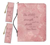 Buxolandt Custom Name 2026 PU Leather Bible Cover, Comes with 2 Leather Bookmarks Built-in Pocket Pen Slots Bible Case with Handle, Pink Daisy Print Bible Study for Men Supplies, Waterproof