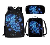 Buxolandt Elementary School Backpack 3D Animal Print School Bookbag with Lunch Bag and Zipper Pencil Bag Bookbag 3Pcs, Sea Jellyfish Print, One Size