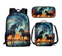 Buxolandt Elementary School Backpack 3Pcs Cute Cartoon 3D Print Boys Girls School Backpack with Lunch Box Pen Case Gifts, Starry Night Horse, One Size