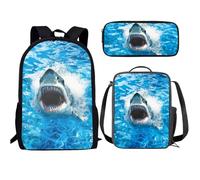 Buxolandt Elementary School Backpack 3Pcs Cute Cartoon 3D Print Boys Girls School Backpack with Lunch Box Pen Case Gifts, Crazy Animal Shark Print, One Size