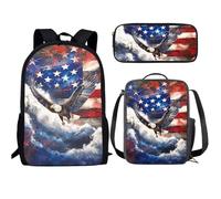 Buxolandt Elementary School Backpack 3Pcs Cute Cartoon 3D Print Boys Girls School Backpack with Lunch Box Pen Case Gifts, American Flag Patriotic Eagle, One Size