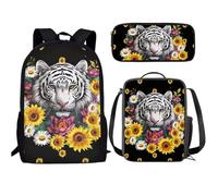 Buxolandt Elementary School Backpack 3Pcs Cute Cartoon 3D Print Boys Girls School Backpack with Lunch Box Pen Case Gifts, Sunflower White Tiger, One Size