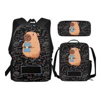 Buxolandt Ergonomic School Backpack Combo - Complete Set with Adjustable Bookbag, Insulated Lunch Pouch & Pencil Organiser - Reduces Back Strain for Growing Kids, Reading Text Capybara Print