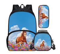 Buxolandt Ergonomic School Backpack Combo - Complete Set with Adjustable Bookbag, Insulated Lunch Pouch & Pencil Organiser - Reduces Back Strain for Growing Kids, Cartoon Style Horse Print
