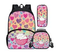 Buxolandt Ergonomic School Backpack Combo - Complete Set with Adjustable Bookbag, Insulated Lunch Pouch & Pencil Organiser - Reduces Back Strain for Growing Kids, Coloruful Heart Kitten Print