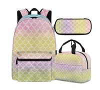 Buxolandt Gradient Colour Fish Scale Print Kids' Complete School Set - Backpack with Front Zip, Thermal Lunch Bag & Pencil Case with Dividers - Lightweight & Ergonomic for Comfortable Daily Use