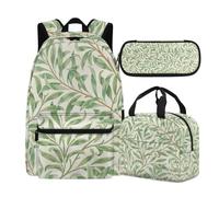Buxolandt Green Willow Leaf Branch Print 17 Inch Backpack Set with Lunch Bag & Pencil Case 3pcs, Lightweight Book Backpack, Tote Bag with Handle Tote, Ideal for Students & Outdoor Activities