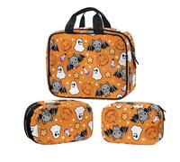 Buxolandt Halloween Cartoon Style Print Waterproof Toiletry Organiser 3-Piece Set - Hanging Travel Cosmetic Bag with Clear Compartments 32x26x9cm & 22x8x16cm for Men Women Gym Holiday
