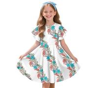 Buxolandt Hawaiian Orchid Paradise Hawaii Dress for Girls Crew Neck Ruffle Sleeve Elegant A-line Dress Swing Skater Twirl Dress for Vacation, Beach, Everyday Wear White 9-10 Years