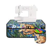 Buxolandt Iris Flower Cat Sewing Machine Pad for Table with Pockets for Storing Accessories, Water-Resistant Non Slip Sewing Machine Muffling Mat with Storage Cylinder Blue