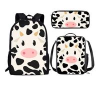 Buxolandt Kawaii Backpack 3Pcs Set Cute Animal Print Bookbag Set with Lunch Box & Pencil Case for Teen Kids Study Schoolbag, Cow Texture Print, One Size