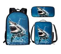 Buxolandt Kawaii Backpack 3Pcs Set Cute Animal Print Bookbag Set with Lunch Box & Pencil Case for Teen Kids Study Schoolbag, 3d Shark Print, One Size