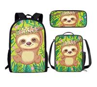 Buxolandt Kawaii Backpack 3Pcs Set Cute Animal Print Bookbag Set with Lunch Box & Pencil Case for Teen Kids Study Schoolbag, Cute Sloth With Wreath, One Size
