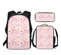 Buxolandt Kids Backpack Set with Lunch Bag & Pencil Case 3pcs, Lightweight 17 Inch Book Backpack, Tote Bag with Handle Tote, Ideal for School & Weekend Trips, White Daisy Print Pink