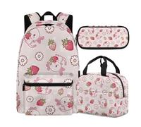 Buxolandt Kids' Complete School Set - Backpack with Front Zip, Thermal Lunch Bag & Pencil Case with Dividers - Lightweight & Ergonomic for Comfortable Daily Use, Salamander Strawberry Print
