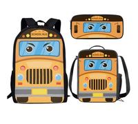 Buxolandt Kids School Bag Set 3D Prints School Bookbag with Lunch Bag and Zipper Pencil Bag 3Pcs Gifts for Back to School, Cartoon School Bus Printed, One Size
