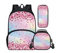 Buxolandt Large Capacity Backpack Set for College - Includes Laptop-Compatible Bookbag, Bento Lunch Box Organised Pencil Case - Perfect for Sixth Form University, Pink Cherry Blossom Print