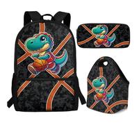 Buxolandt Large Capacity Backpack Set for College - Includes Laptop-Compatible Bookbag, Bento Lunch Box Organised Pencil Case - Perfect for Sixth Form University, Basketball Dinosaur Print
