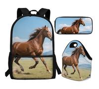 Buxolandt Large Capacity Backpack Set for College - Includes Laptop-Compatible Bookbag, Bento Lunch Box Organised Pencil Case - Perfect for Sixth Form University, Realistic 3D Horse Print