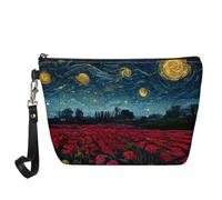 Buxolandt Makeup Zipper Travel Cosmetic Oil Painting Printed Case Pouch Purse Cosmetics Organizer Great Gifts for Women, Starry Night on the Flower Field, One Size, Portable Cosmetic Bag