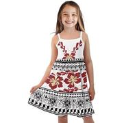 Buxolandt Polynesian Samoa Hibiscus Girl's Cami Dress Spaghetti Strap A Line Summer Dresses Cute Ruched Tiered Beach Sundress for Wedding, Vacation, Party White 13-14 Years
