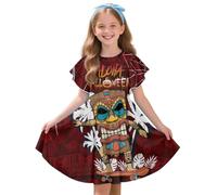 Buxolandt Polynesian Totem Tiki Samoan Dress for Girls Ruffle Sleeve Casual Flowy Skater Twirl Dress Summer A-Line Midi Sundress for Halloween, Vacation, Outdoor Red 9-10 Years