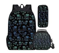 Buxolandt Puppy Bone Footprint Print 3-Piece Backpack Set with Lunch Bag & Pencil Case - School Bag 16x11x6in with Front Pocket & Side Mesh Insulated Lunch Tote Pencil Pouch for Kids Teens