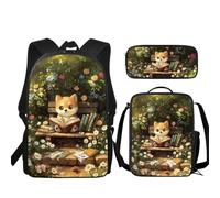 Buxolandt Reading Puppy Text Print 3-Piece Backpack Set with Lunch Bag & Pencil Case - School Bag 44x28x13cm with Front Pocket & Side Mesh Insulated Lunch Tote Pencil Pouch for Kids Teens