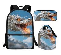 Buxolandt Realistic 3D Dragon Print Ergonomic School Backpack Combo - Complete Set with Adjustable Bookbag, Insulated Lunch Pouch & Pencil Organiser - Reduces Back Strain for Growing Kids