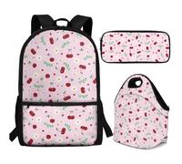 Buxolandt Red Cherry Daisy Print Ergonomic School Backpack Combo - Complete Set with Adjustable Bookbag, Insulated Lunch Pouch & Pencil Organiser - Reduces Back Strain for Growing Kids