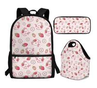 Buxolandt Salamander Strawberry Print Kids' Complete School Set - Backpack with Front Zip, Thermal Lunch Bag & Pencil Case with Dividers - Lightweight & Ergonomic for Comfortable Daily Use
