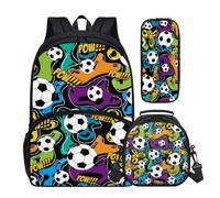 Buxolandt Soccer Graffiti Text Print 3pcs School Backpack Set with Lunch Box & Pencil Case, Lightweight 16.9 Inch Durable Backpack, Tote Bag with Handle Tote, Ideal for School Travel Picnic