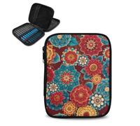 Buxolandt Travel Crochet Hook Organizer - Mandala Flower Print Red Zippered Storage Bag with Web Pocket & Holder Slots, Empty Knitting Needle Case for Yarn Crafts 7.5x5.9x1.6in