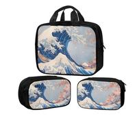Buxolandt Ukiyo-e Style Surf Lane Print 3-Piece Waterproof Toiletry Bag Set with Hanging Hook - Clear Travel Cosmetic Organiser 32x26x9cm + 22x8x16cm Wash Bags for Men Women Gym