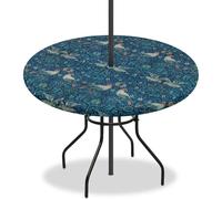 Buxolandt Vintage Bird William Morris Outdoor Round Tablecloth Umbrella Hole 45-56 Inch Fitted Elastic Edge Waterproof Patio Table Cover Hidden Zipper for Picnic Garden Party Decor