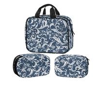 Buxolandt Vintage Leaf Textured Print Hanging Wash Bag 3-Piece Set Waterproof - Travel Toiletry Organiser with Clear Compartments 32x26x9cm & 22x8x16cm for Gym Holiday Men Women