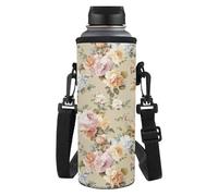Buxolandt Water Bottle Cover Bag Vintage Floral Print with Strap and Hooks Sports Water Cup Holder Thermos Cups for Travel Mountaineering Office Camping