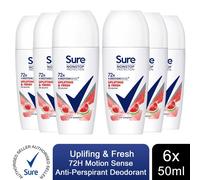 6xSure Women Motion Sense AP Deodorant Rollon 72H Nonstop, Uplifting&Fresh 50ml