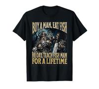 Buy A Man Eat Fish Funny Hard Skeleton Meme Bootleg T-Shirt