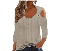 Buy Again My Orders 2024 Sexy Cold Shoulder Tops for Women UK Fall Fashion 3/4 Sleeve V Neck Tunic Shirts Ladies Elegant Hollow Out Eyelet Blouse Dressy Casual Solid Color Loose Fit Tee Shirts