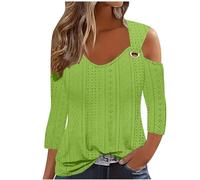 Buy Again My Orders 2024 Sexy Cold Shoulder Tops for Women UK Fall Fashion 3/4 Sleeve V Neck Tunic Shirts Ladies Elegant Hollow Out Eyelet Blouse Dressy Casual Solid Color Loose Fit Tee Shirts