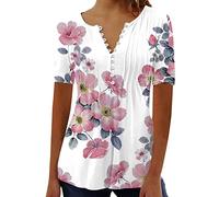 Buy Again My Orders 2024 Summer T Shirts for Women UK Short Sleeve Button Up V Neck Tops Trendy Pleated Henley Tunic Shirts Dressy Casual Butterfly Floral Print Blouse Ladies Elegant Going Out Tee