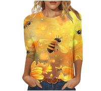 Buy Again My Orders 2025 Summer Blouse for Women UK Casual 3/4 Sleeve Crewneck Tunic Tops Funny Bee Sunflower Print Shirts Dressy Trendy Plus Size Tshirts Comfy Loose Fit Tee Going Out Top