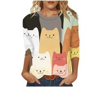 Buy Again My Orders Blouse for Women UK Cute Cats Print Tunic Tops 2025 Summer Fashion Round Neck Shirts Dressy Casual 3/4 Sleeve Tops Comfy Lightweight Loose Fit T-Shirt Going Out Tee
