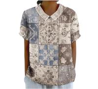 Buy Again My Orders Linen Tops for Women UK Casual Short Sleeve Lapel Neck T-Shirts 2024 Fashion Geometric Floral Print Blouses Dressy Plus Size Shirts Ladies Elegant Keyhole Back Tee