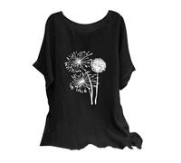 Buy Again My Orders Linen Tops for Women UK Plus Size Shirts 2024 Summer Short Sleeve Crewneck Blouses Funny Daisy Dandelion Butterfly Print T-Shirts Ladies Elegant Loose Fit Cheesecloth Clothes