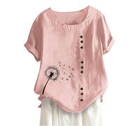 Buy Again My Orders Linen Tops for Women UK Summer Short Sleeve Cotton Linen Shirts 2024 Fashion Crew Neck Button Blouses Dressy Casual Dandelion Print T-Shirts Ladies Elegant Loose Fit Tee