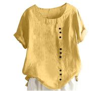 Buy Again My Orders Linen Tops for Women UK Summer Short Sleeve Cotton Linen Shirts 2024 Fashion Crew Neck Button Blouses Dressy Casual Dandelion Print T-Shirts Ladies Elegant Loose Fit Tee