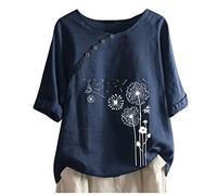 Buy Again My Orders Linen Tops for Women UK Summer Short Sleeve Cotton Linen Shirts 2024 Fashion Crew Neck Button Blouses Dressy Casual Dandelion Print T-Shirts Ladies Elegant Loose Fit Tee